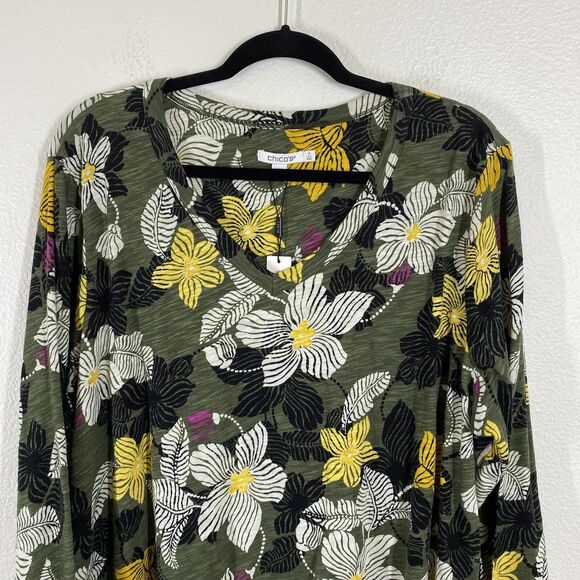 Chico’s Green Floral Blouse 3/4 Sleeve Top Size 4 2XL Slub Cotton V Neck Basic - Picture 2 of 9